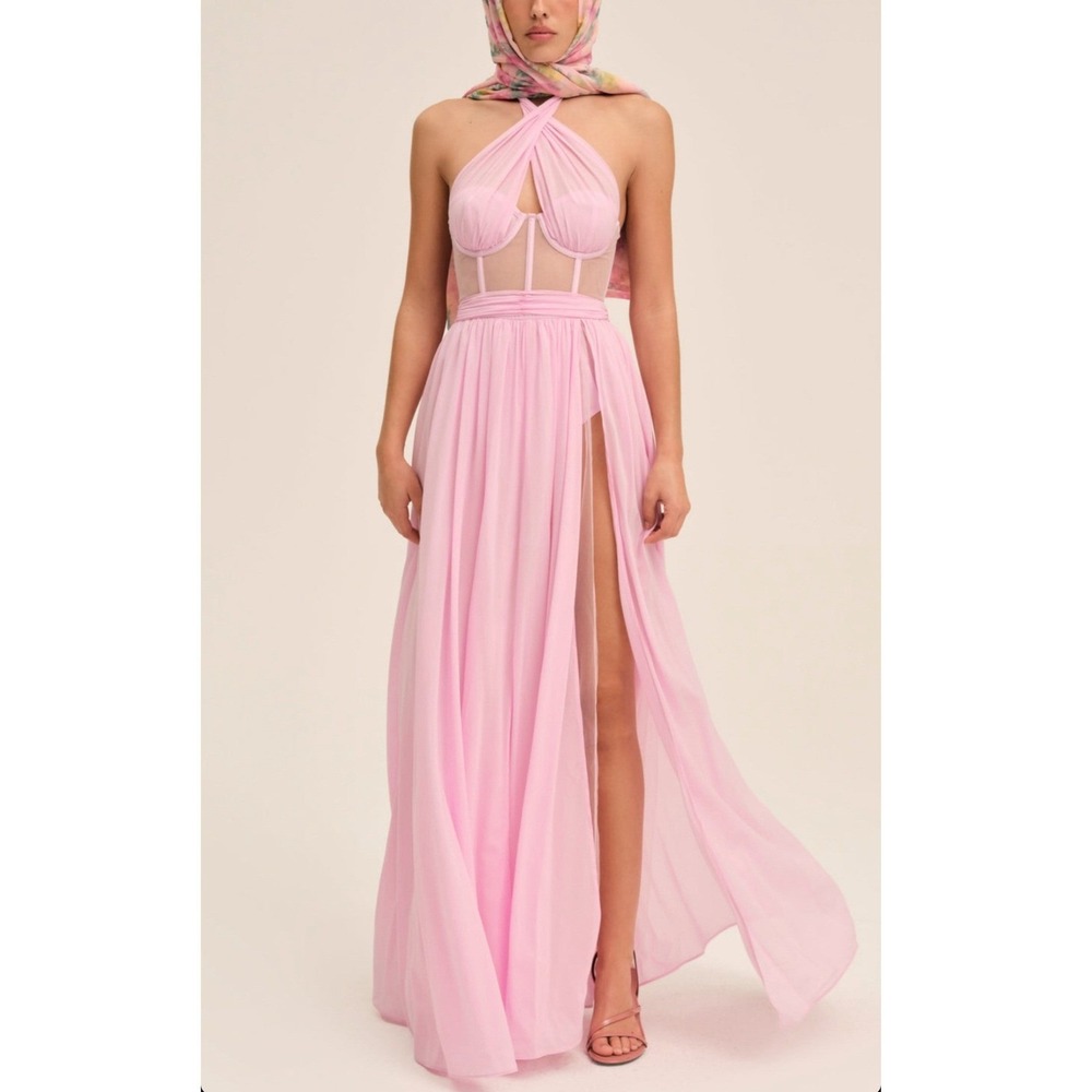 For Love & Lemons Anya‎ Gown Pink Corset Mesh Maxi Dress Halter Sheer Slit Small